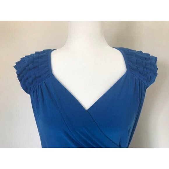 FRANK LYMAN Ruffled Cap Sleeve Dress Size 10 Royal Blue Ruched Waist Stretchy - Picture 2 of 8